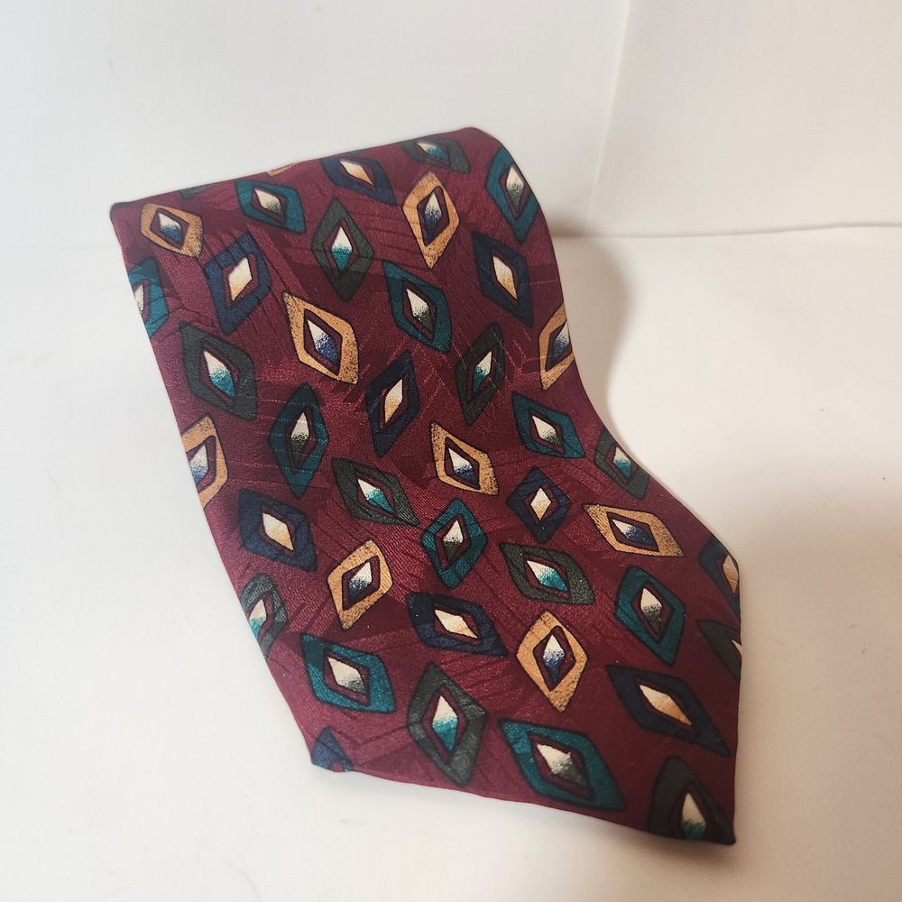 Charter Collection Mens Silk Tie Burgundy‎ Teal Gold Geometric Diamond Pattern